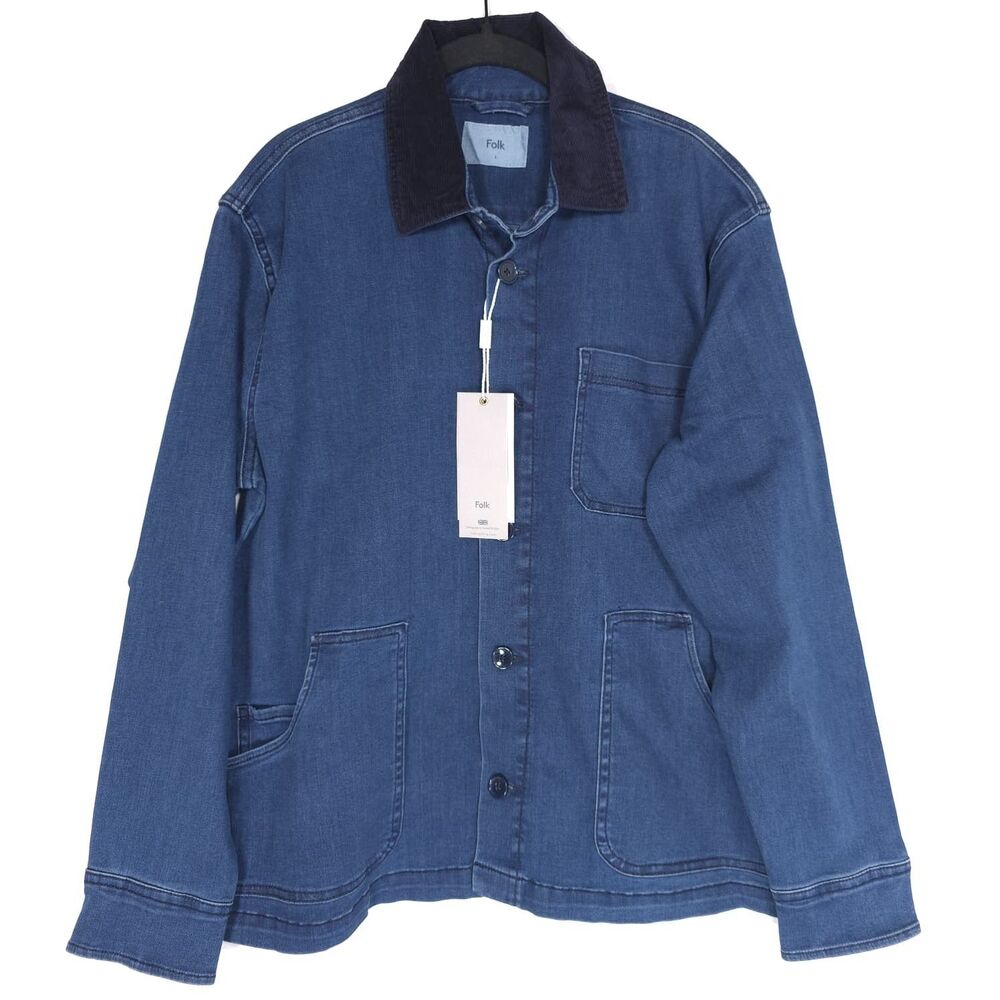 FOLK New Nelson Mid Denim Shirt Jacket LARGE Corduroy Collar Workwear Blue Men's